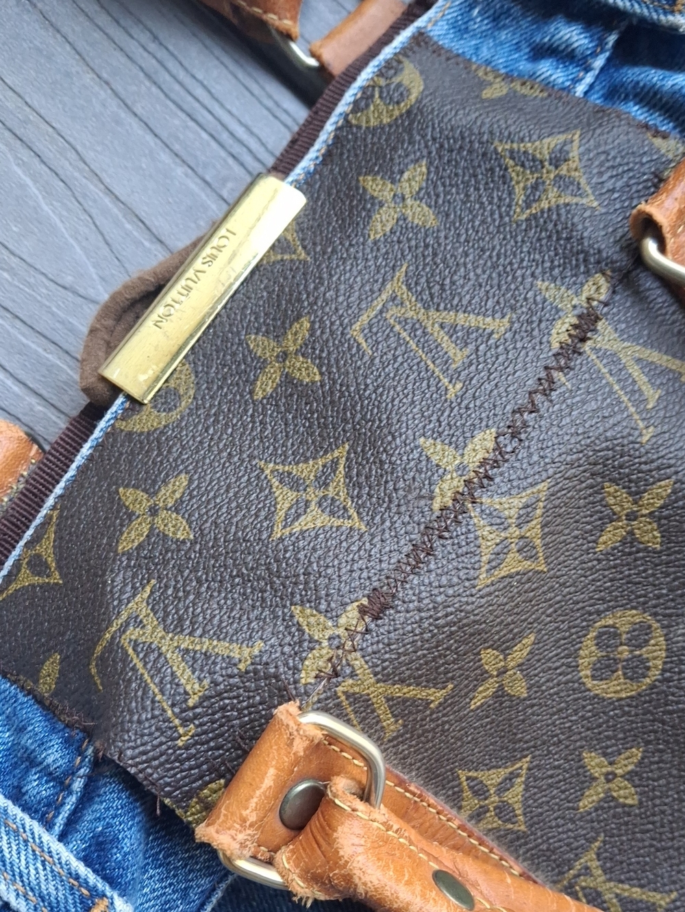 Upcycle Louis Vuitton Brown Monogram & Tan Leather Tote Bag - Picture 4 of 15
